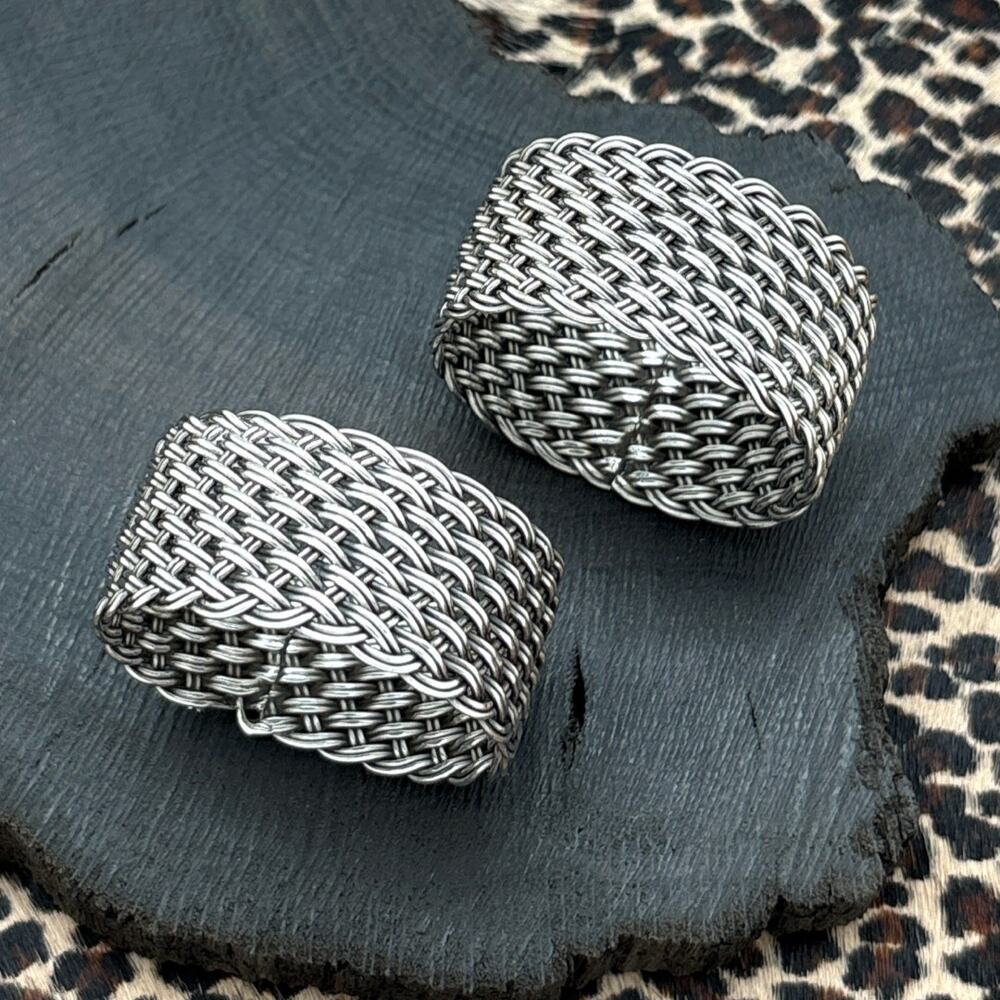 1960s STERLING SILVER Basket Weave Design Napkin Rings Set Of 2 Marked 925